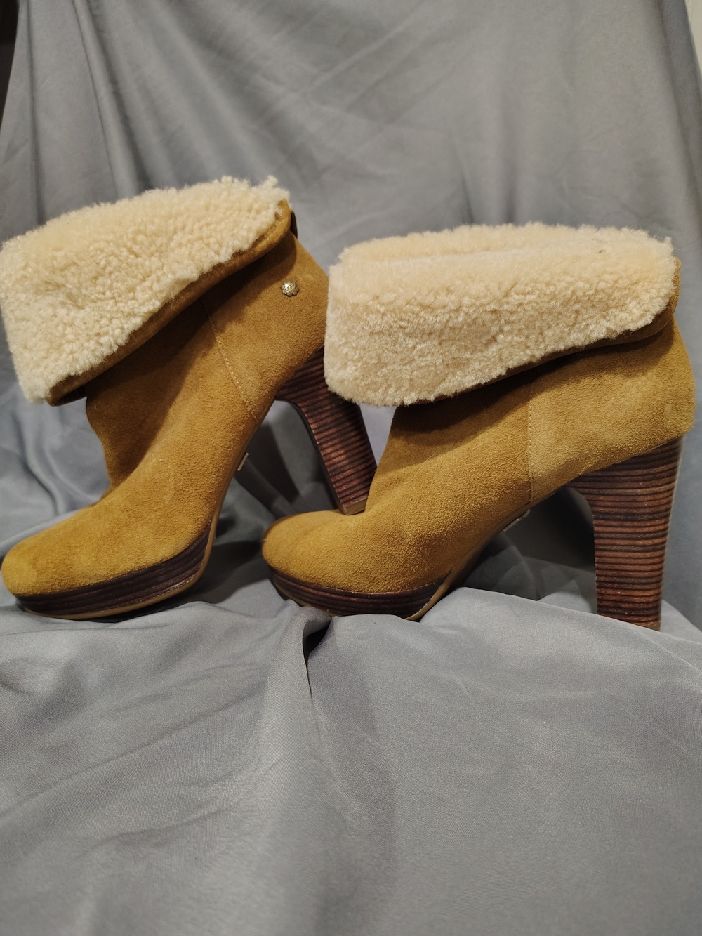 UGG Tan Suede Fold-Over Shearling Ankle Boots